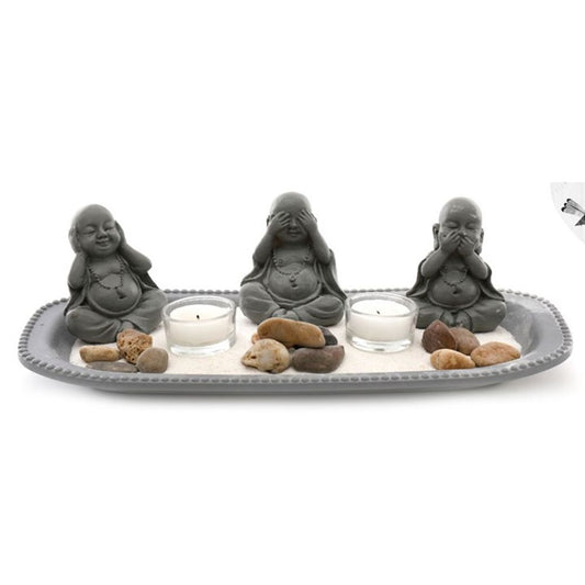 35cm Triple Buddha Resin Zen Garden Tealight Holder Garden Ornament